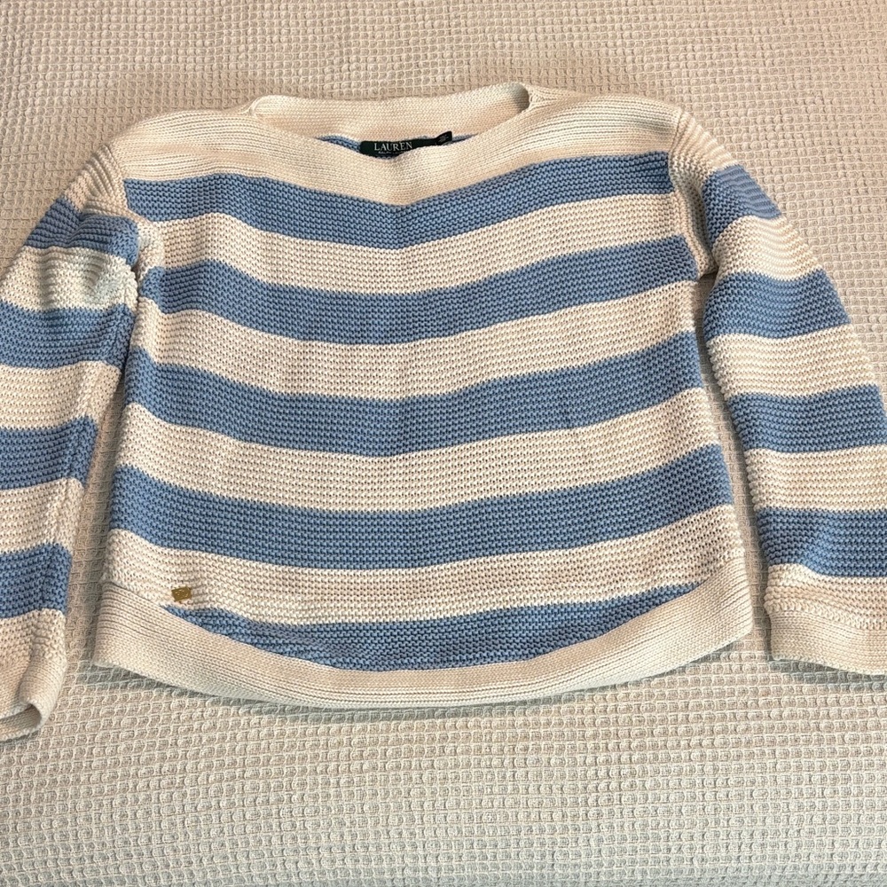 Ralph Lauren Striped Blue and Cream boat Neck Sweater
